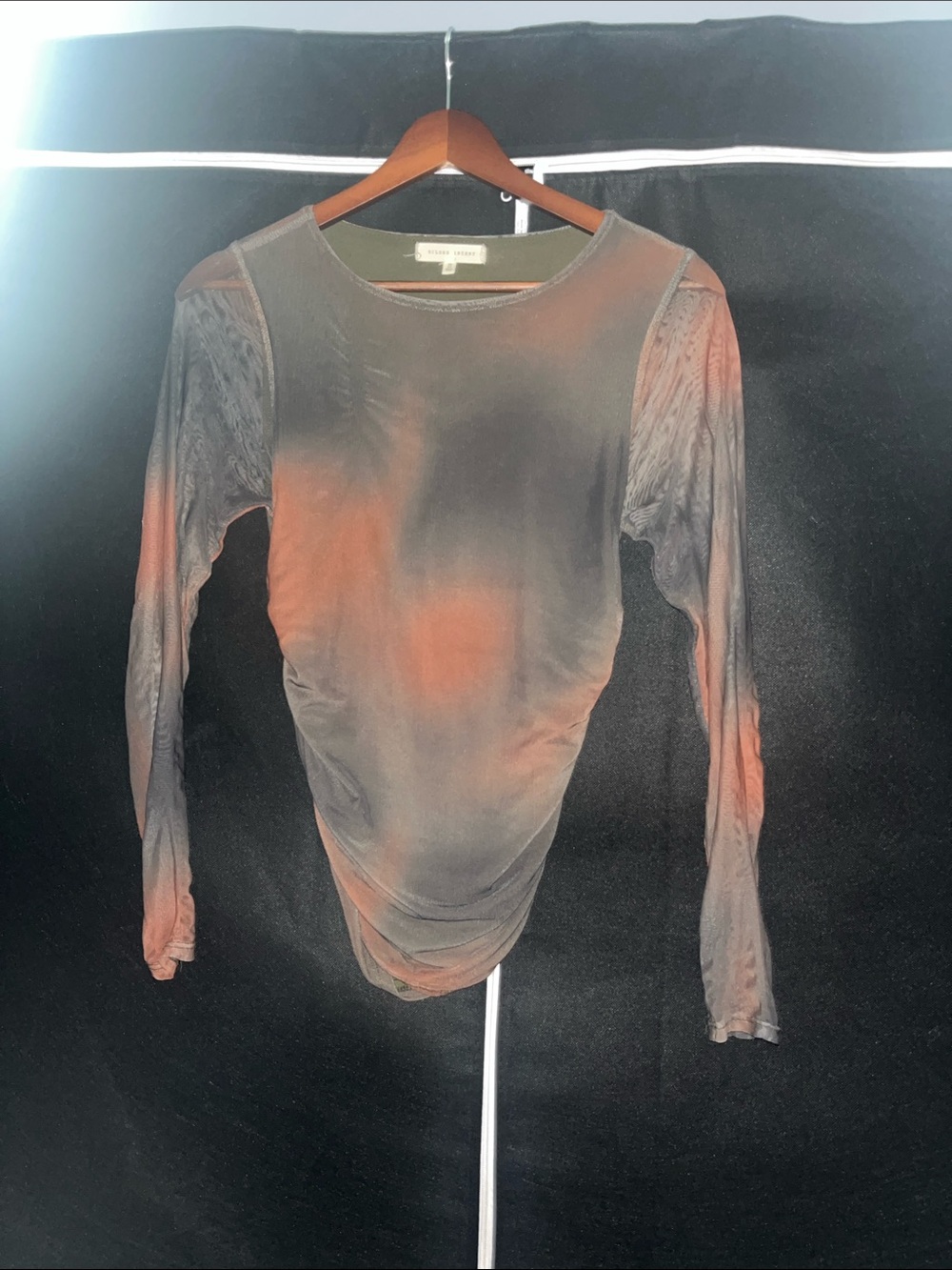 Gilded Intent Sheer Long Sleeve Crew Top in Orange and Gray Wash